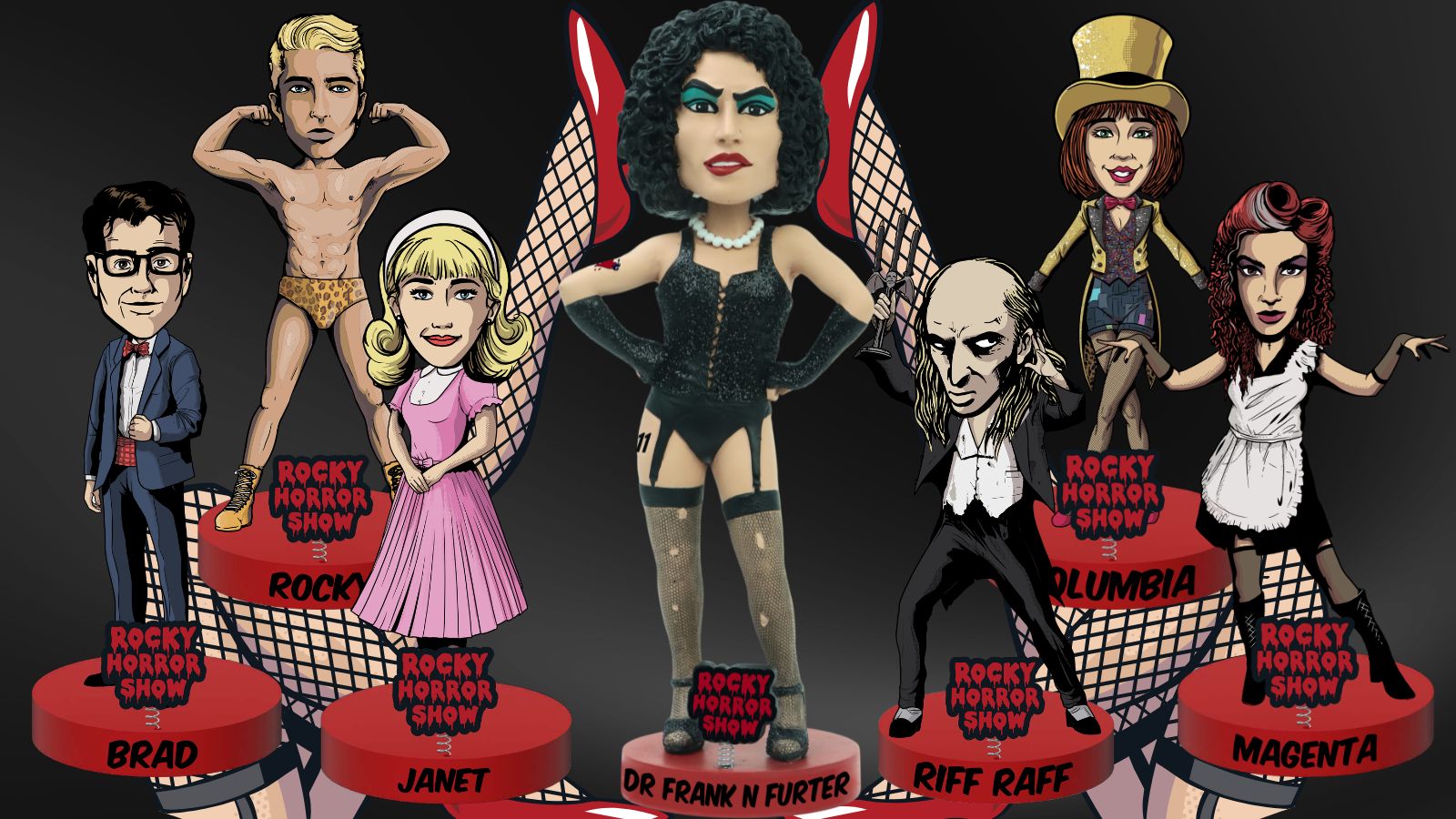 All seven officially licensed Rocky Horror Show bobbleheads from the National Bobblehead Hall of Fame and Museum's Kickstarter campaign