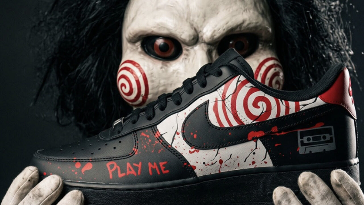 Hand painted custom sneakers featuring Jigsaw and Billy the puppet designs from Saw, by Sneakcares